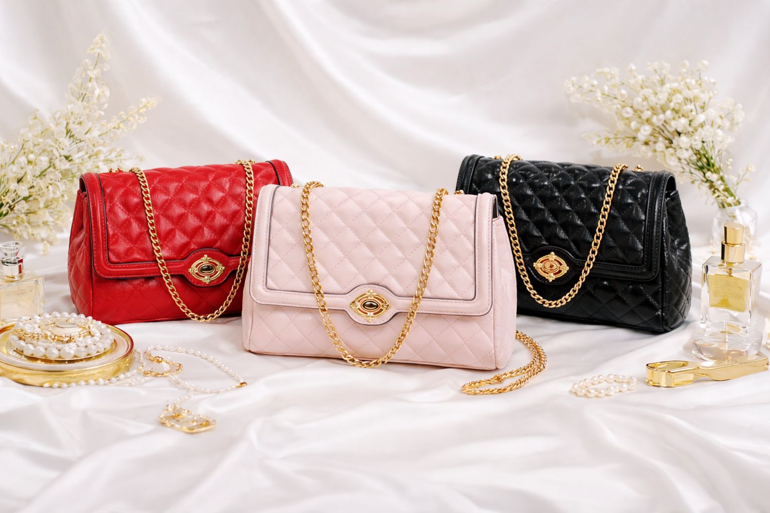 Three quilted handbags in red, pink, and black with gold chains on a white fabric background.